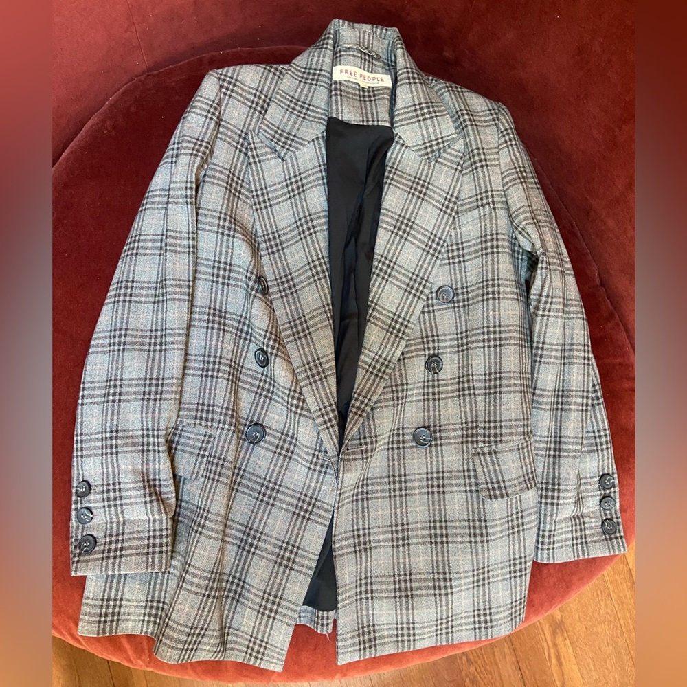 Free People Gray Plaid Double-Breasted Blazer